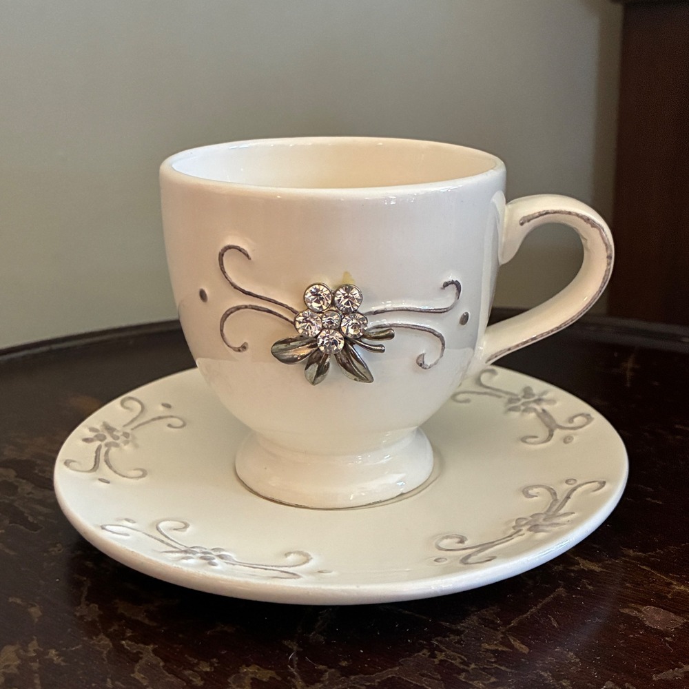 Romantic Cottage Rhinestone Floral Teacup & Saucer Princess Tea Party Decor
